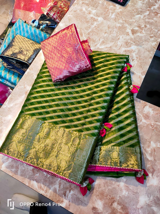 Organza Fabric zari work leheriya Saree with contrast blouse