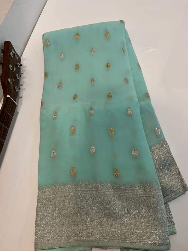 Banarasi Handloom Weaved Semi  Khaddi chiffon Saree with Zari Work