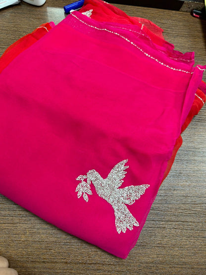 Beautiful Pure Jaipuri Chiffon 15 big Bird motif work Saree with running blouse