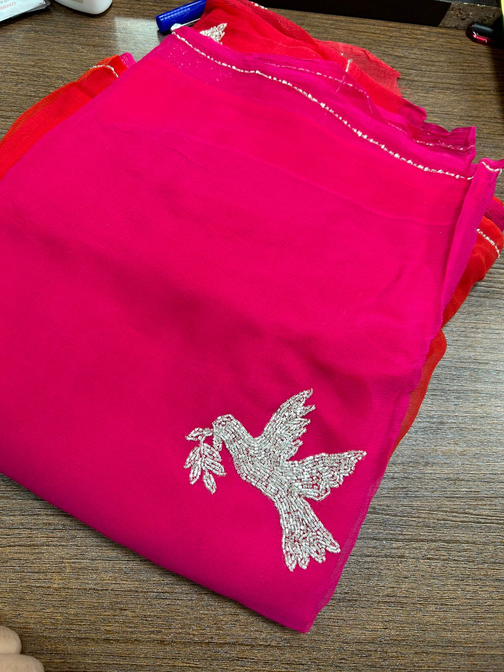 Beautiful Pure Jaipuri Chiffon 13 big Bird motif work Saree with blouse