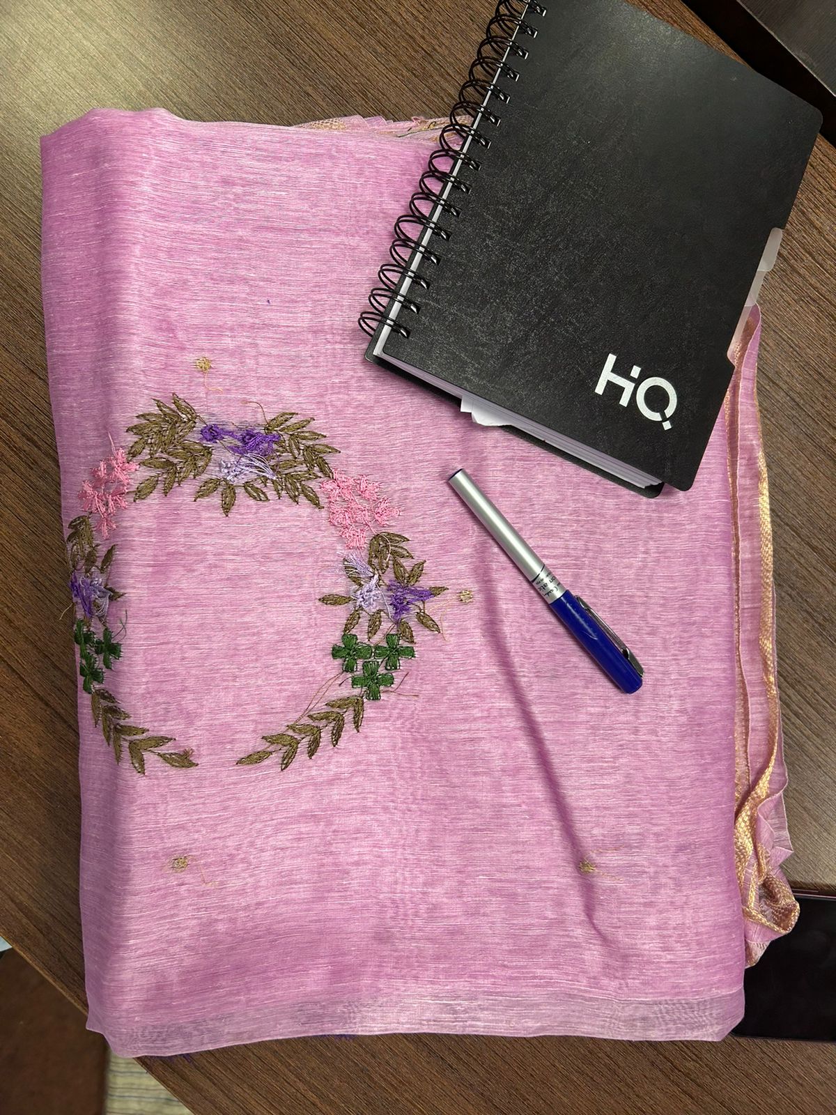 Pink Color Pure Linen Silk Hand Embroidery Work Saree With Blouse.