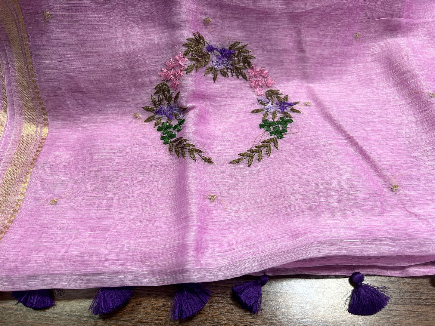 Pink Color Pure Linen Silk Hand Embroidery Work Saree With Blouse.