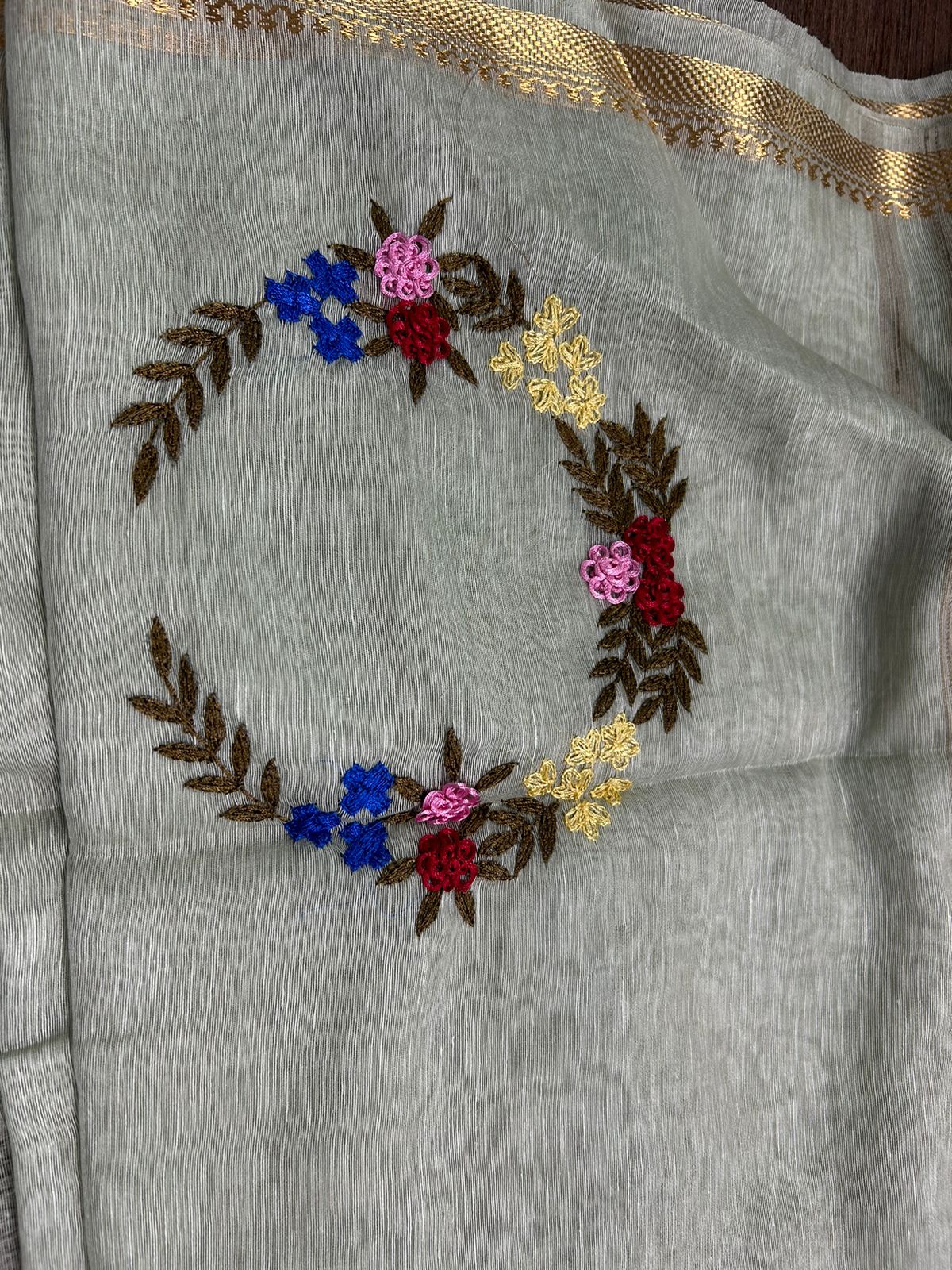 Beige Color Pure Linen Silk Hand Embroidery Work Saree With Blouse.