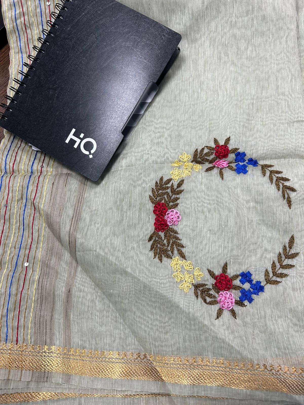 Beige Color Pure Linen Silk Hand Embroidery Work Saree With Blouse.