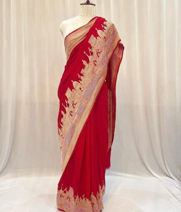 Banarasi Ganga Ghat Semi Georgette Soft Silk Saree