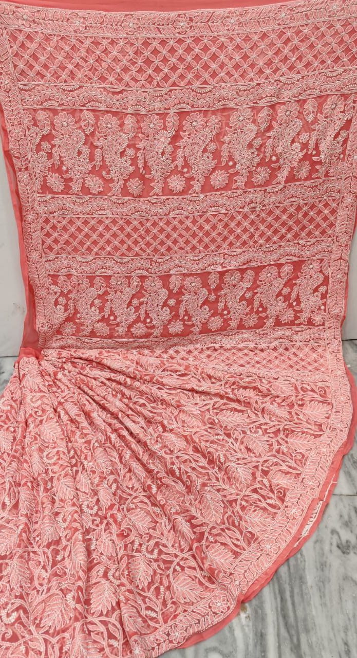 Pure Georgette Chikankari Hand-work Saree With Running Blouse