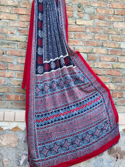 Pure Modal Silk Azrakh handblock saree with blouse piece