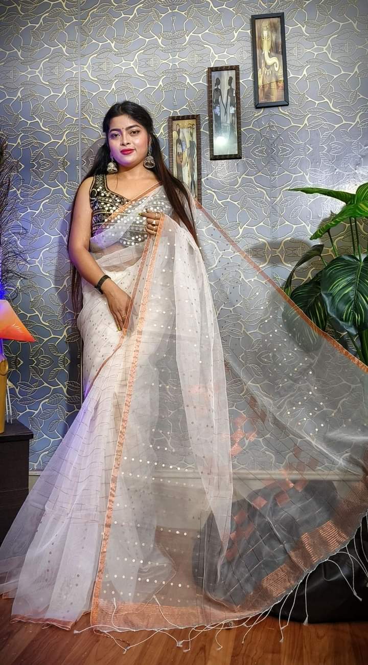 Pure Muslin Jamdani saree with sequence pattern – thecotlin