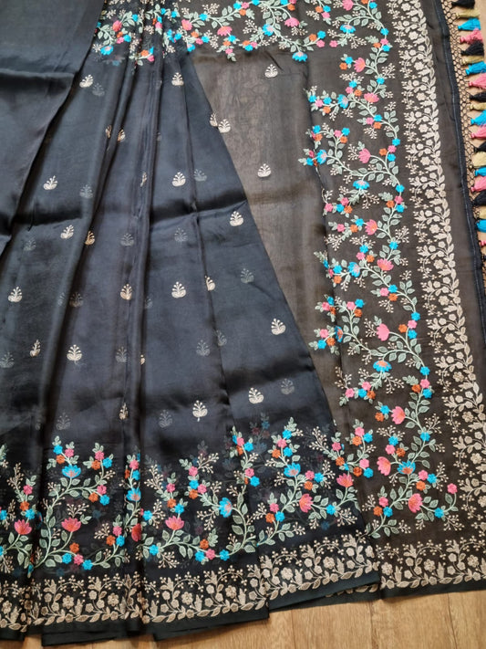 Pure organza silk Multi chikan embroidery saree with special multi tassels