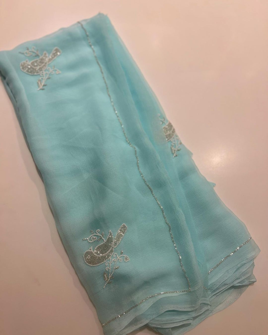 Beautiful Pure Jaipuri Chiffon 13 big Bird motif work Saree with blouse