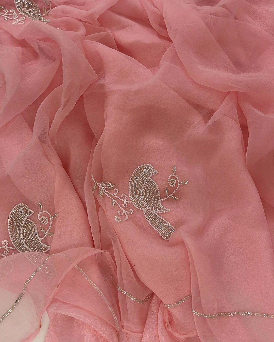 Beautiful Pure Jaipuri Chiffon 13 big Bird motif work Saree with blouse