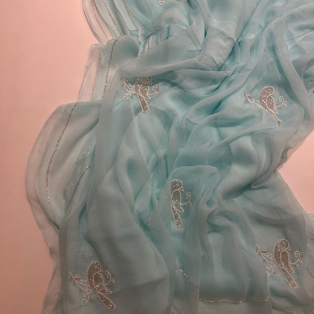 Beautiful Pure Jaipuri Chiffon 13 big Bird motif work Saree with blouse
