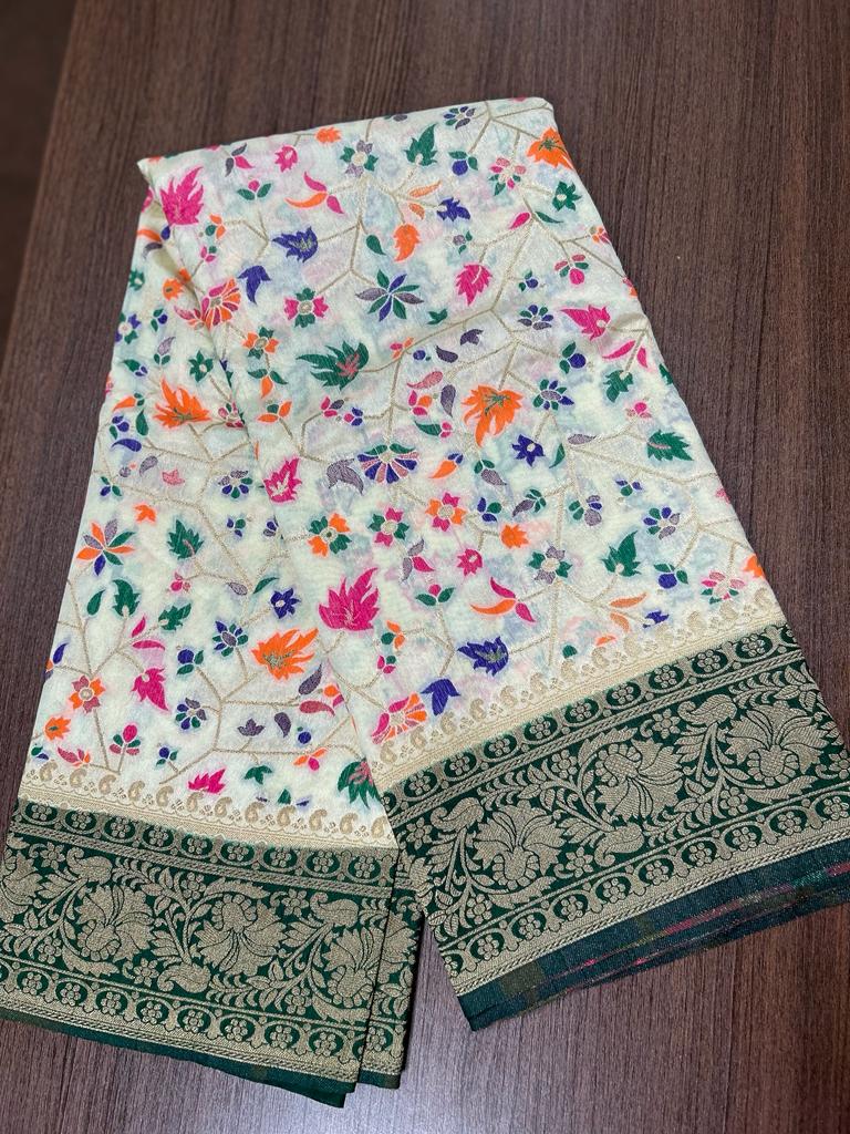 White color Banarasi Handloom Silk Multi Meena Zari Work Saree