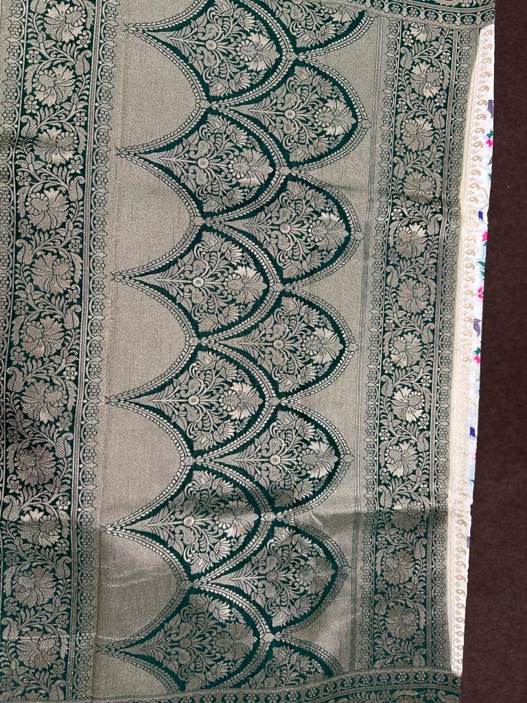 White color Banarasi Handloom Silk Multi Meena Zari Work Saree