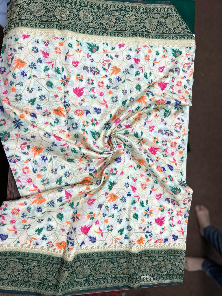 White color Banarasi Handloom Silk Multi Meena Zari Work Saree