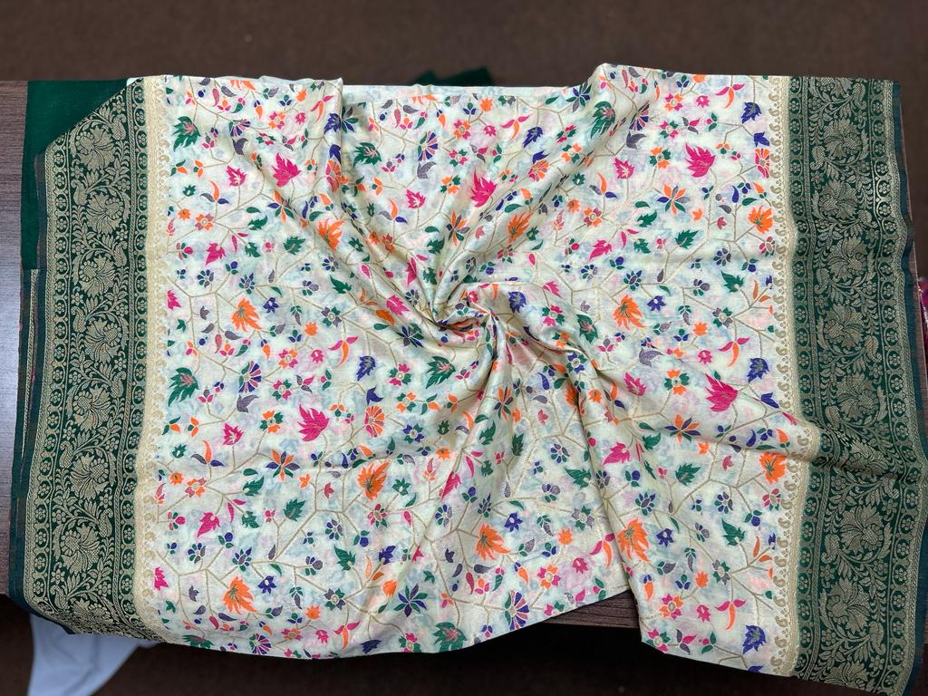 White color Banarasi Handloom Silk Multi Meena Zari Work Saree