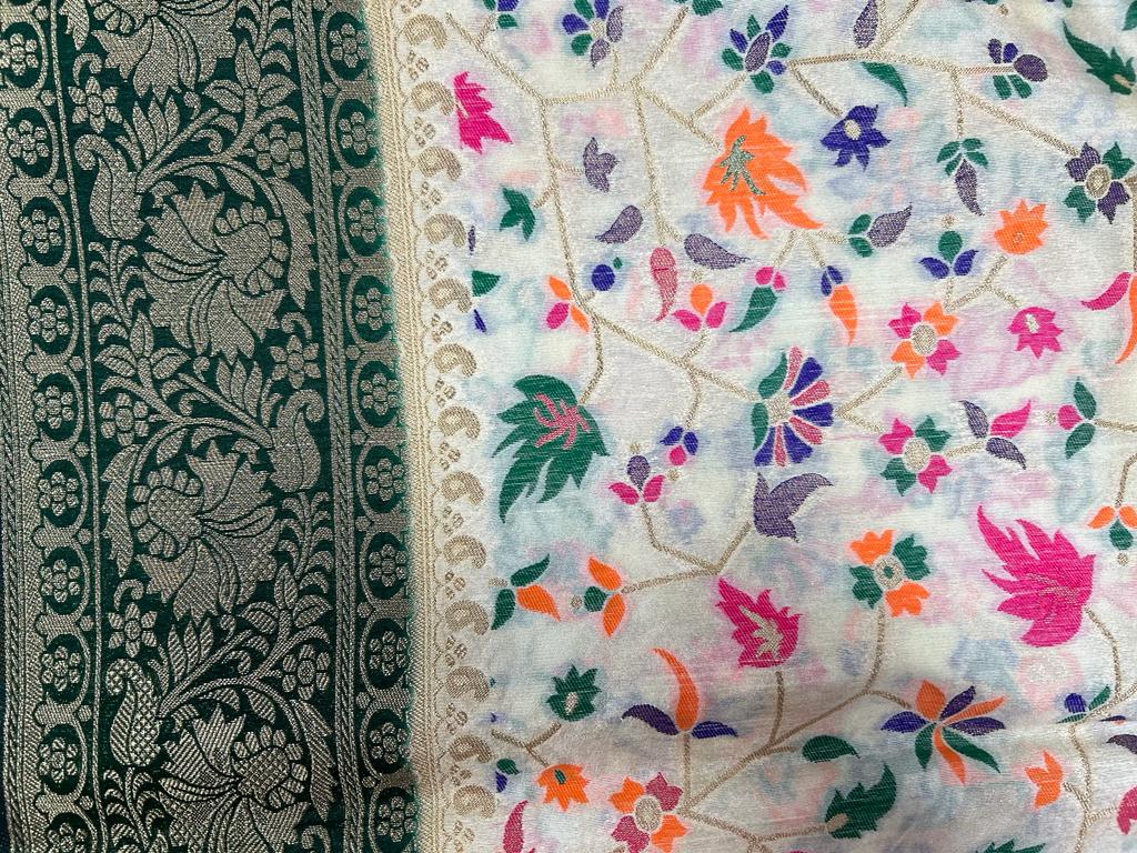 White color Banarasi Handloom Silk Multi Meena Zari Work Saree