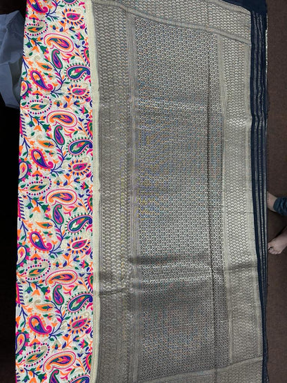 Cream Color Banarasi Handloom Silk Multi Meena Zari Work Saree