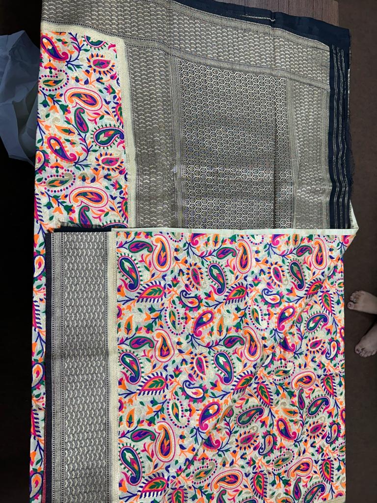 Cream Color Banarasi Handloom Silk Multi Meena Zari Work Saree