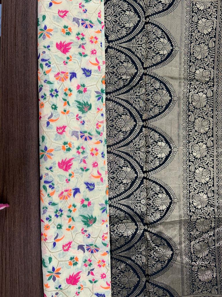 White color Banarasi Handloom Silk Multi Meena Zari Work Saree