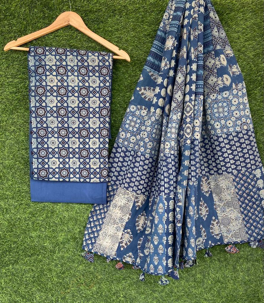 Exclusive Handblock  ajrakh print cotton top With ajrakh patch dupatta