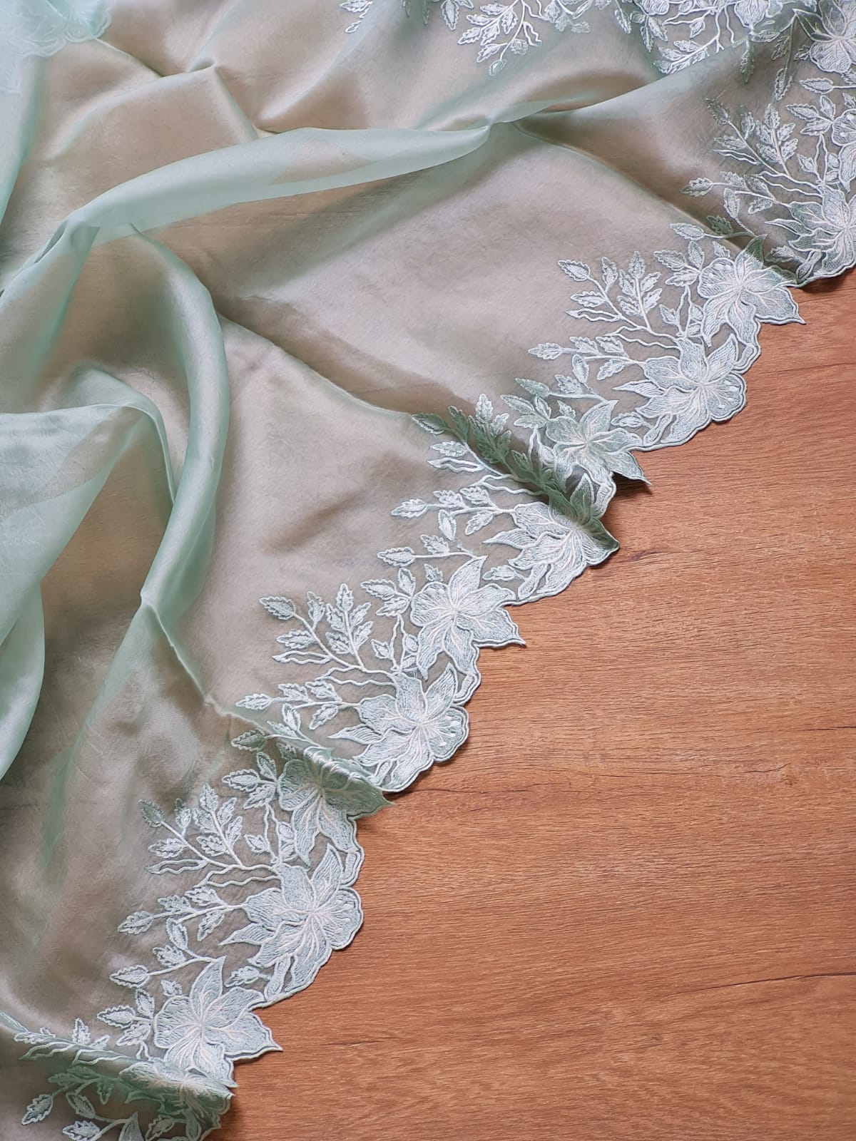 Powder green color Pure organza silk Cut work saree