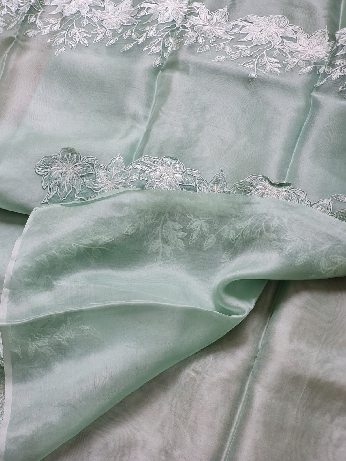 Powder green color Pure organza silk Cut work saree