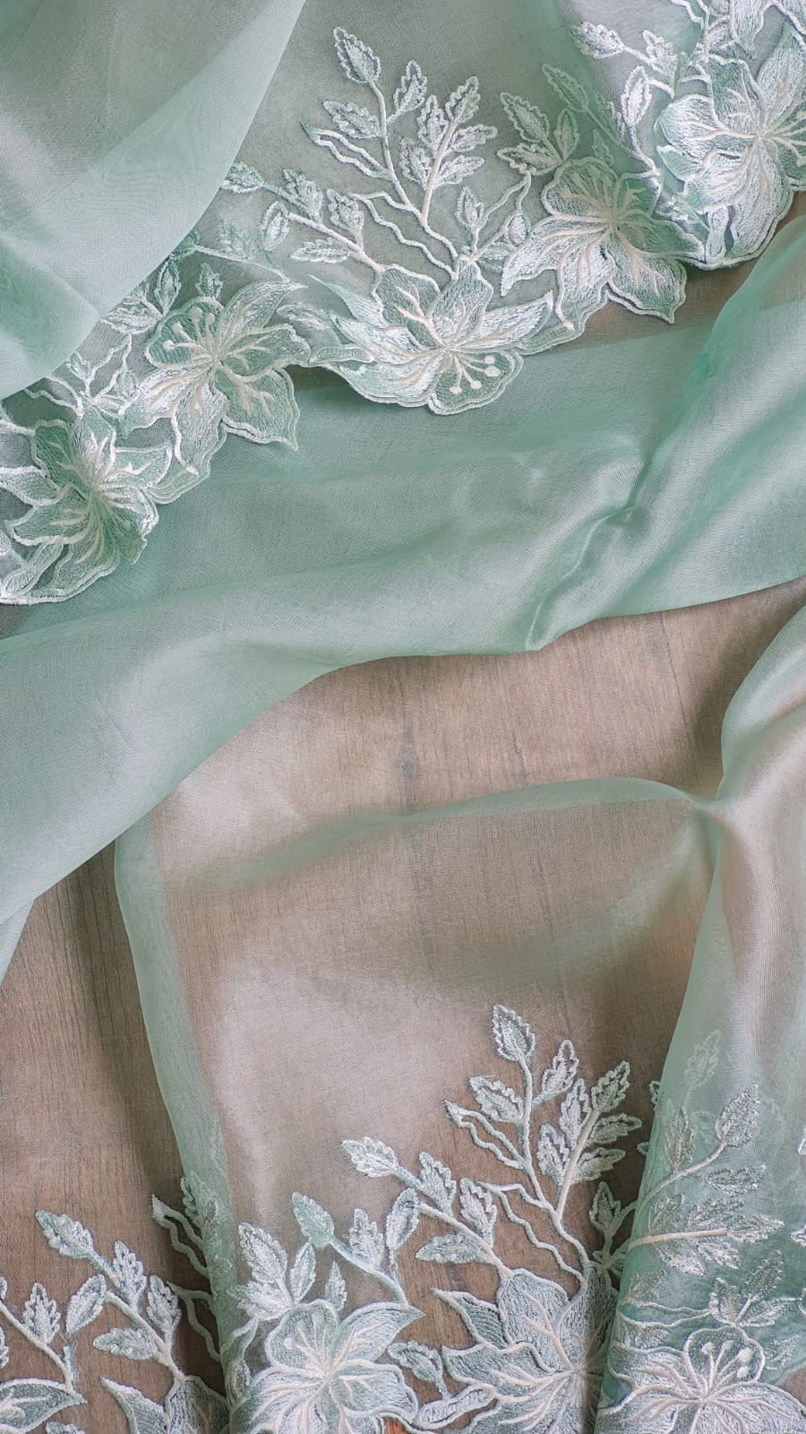 Powder green color Pure organza silk Cut work saree