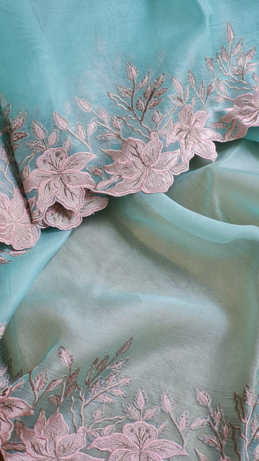 Powder Blue color Pure organza silk Cut work saree