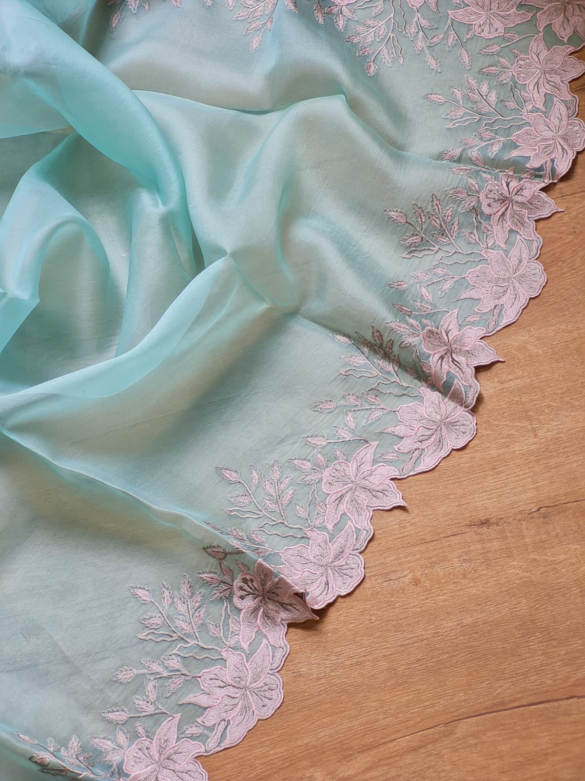 Powder Blue color Pure organza silk Cut work saree