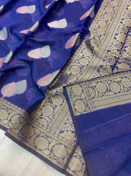 Banarasi Handloom Weaved Khaddi  Semi Georgette Saree in blue