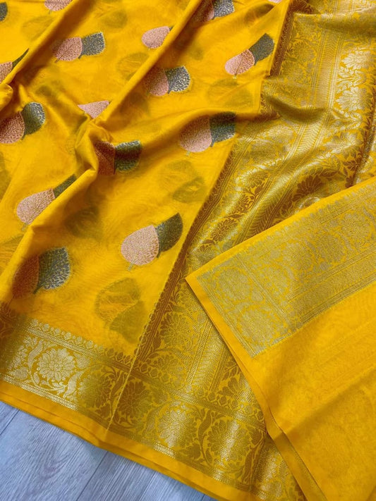 Banarasi Handloom Weaved Khaddi  Semi Georgette Saree in yellow