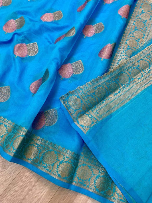 Banarasi Handloom Weaved Khaddi  Semi Georgette Saree in sky