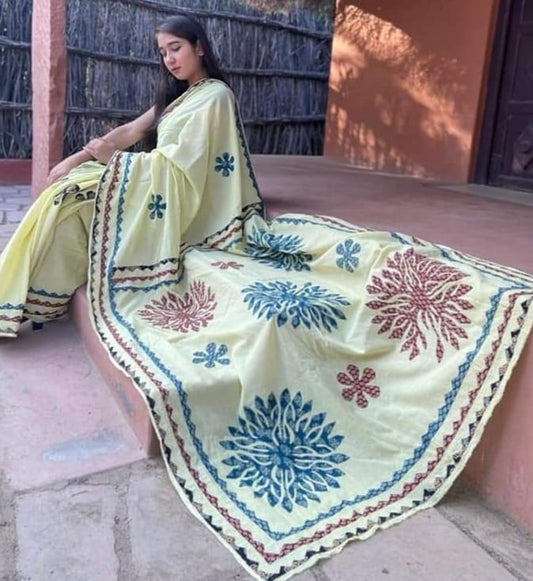 Pure Mul Cotton Azrakh Print with Applique cut work saree