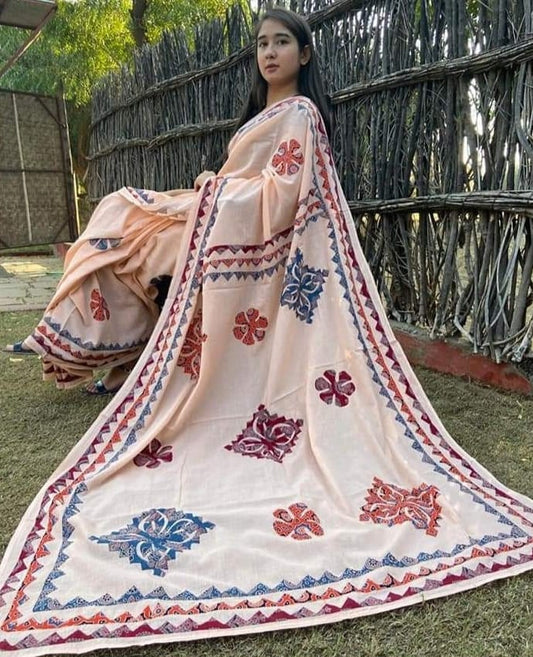 Pure Mul Cotton Azrakh Print with Applique cut work saree