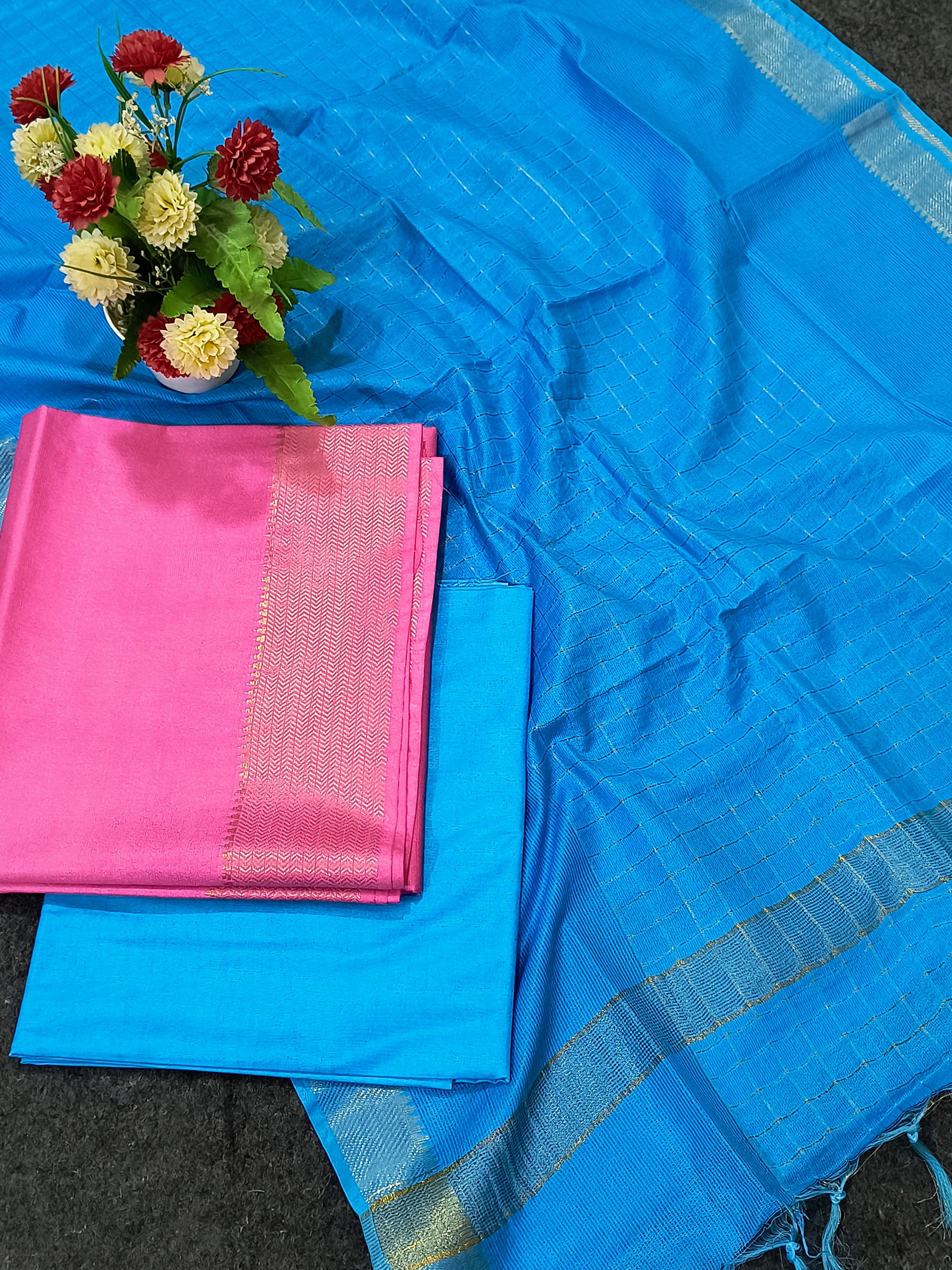 Mangalagiri Zari Border Unstitched Suit in Cotton Silk