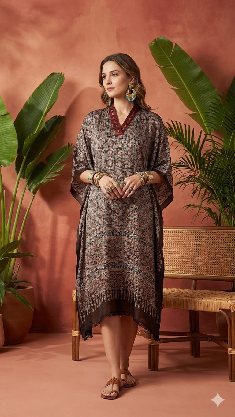 Pure Modal Silk Handblock Printed Kaftans Stitched suit With Hand Mirror Work