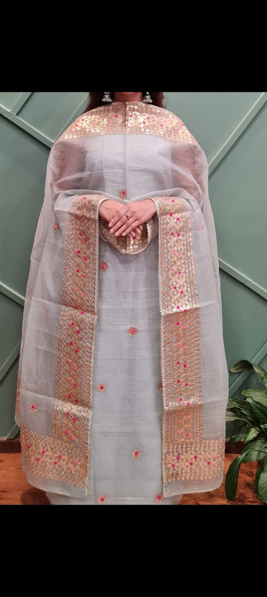 Kota-Doria Unstitched Suit with Embroidey Work