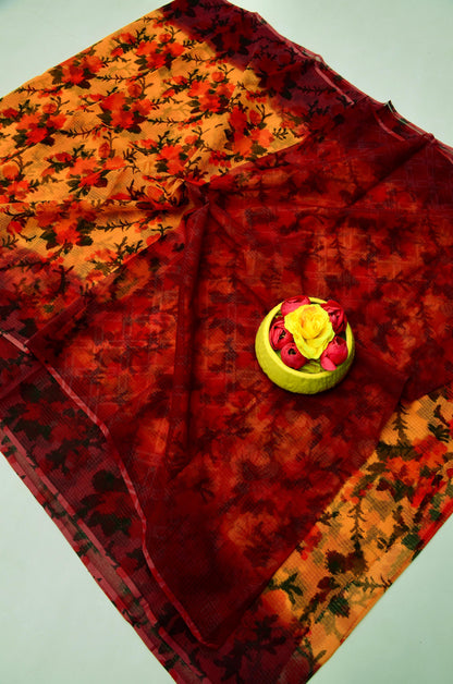 Pure Cotton Kota Doria Kalam Kari Floral Print Sarees