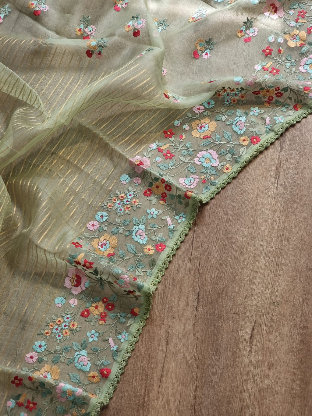 Pure Organza Silk  floral Embroidery Saree with velvet lace and heavy blouse