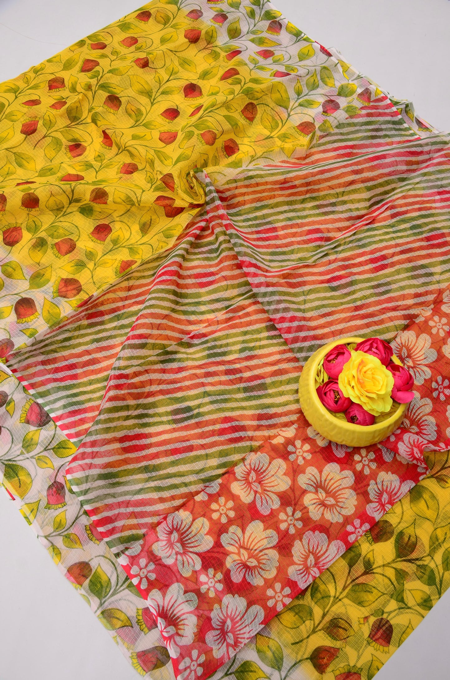 Pure Cotton Kota Doria Kalam Kari Floral Print Saree