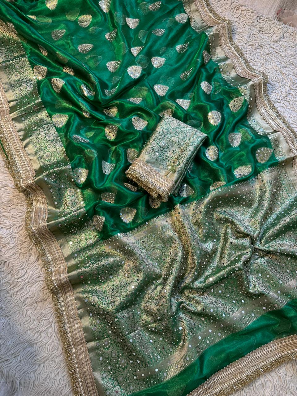Banarasi Tissue Silk Saree With beautiful  borders with mirror  work