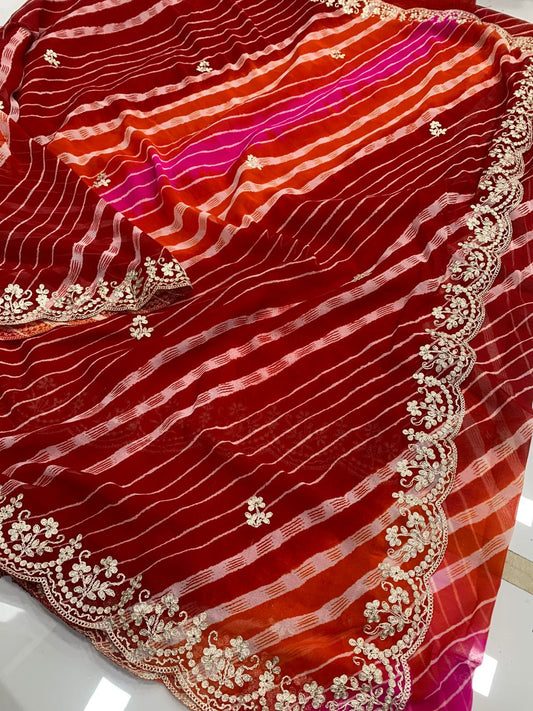 Georgette  Leheriya Gota Patti Work  Saree With Blouse