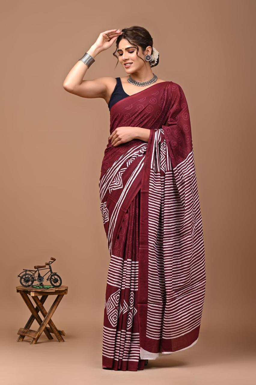 Pure Mulmul Cotton hand block Print Saree with Blouse
