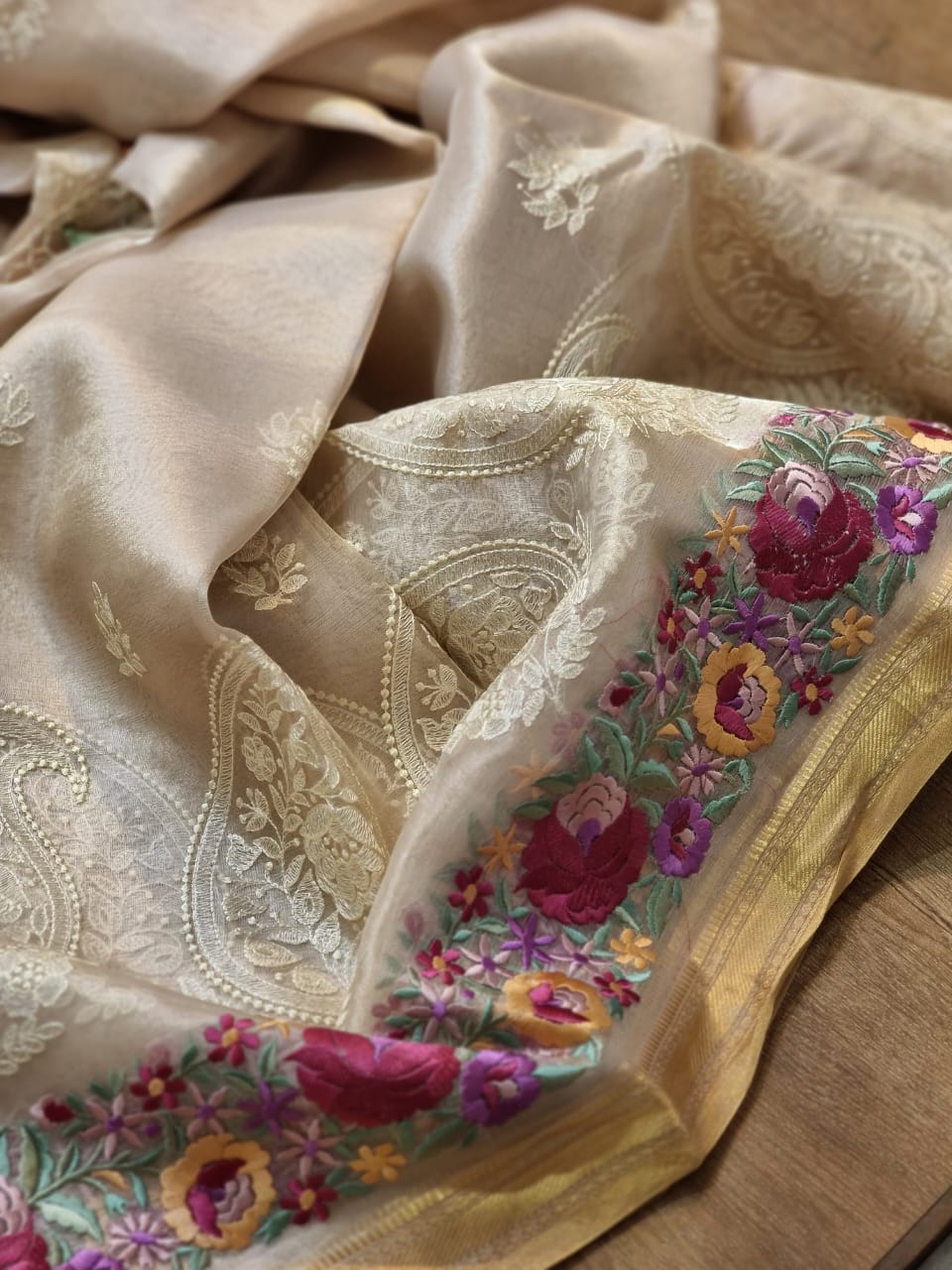 Pure Tissue Silk Saree Border Chikankari Embroidery Saree