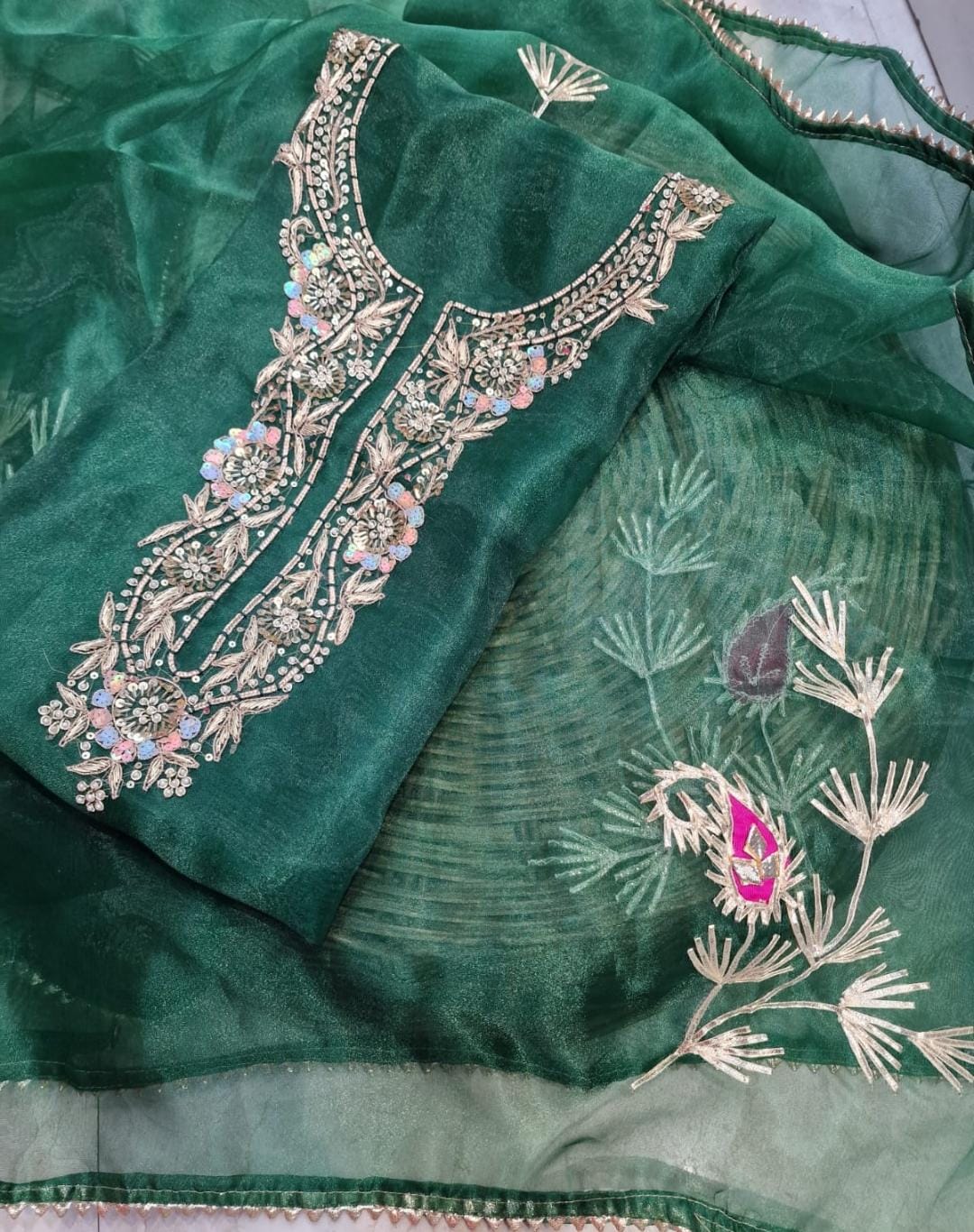 Organza Hand Work Unstitched Suit