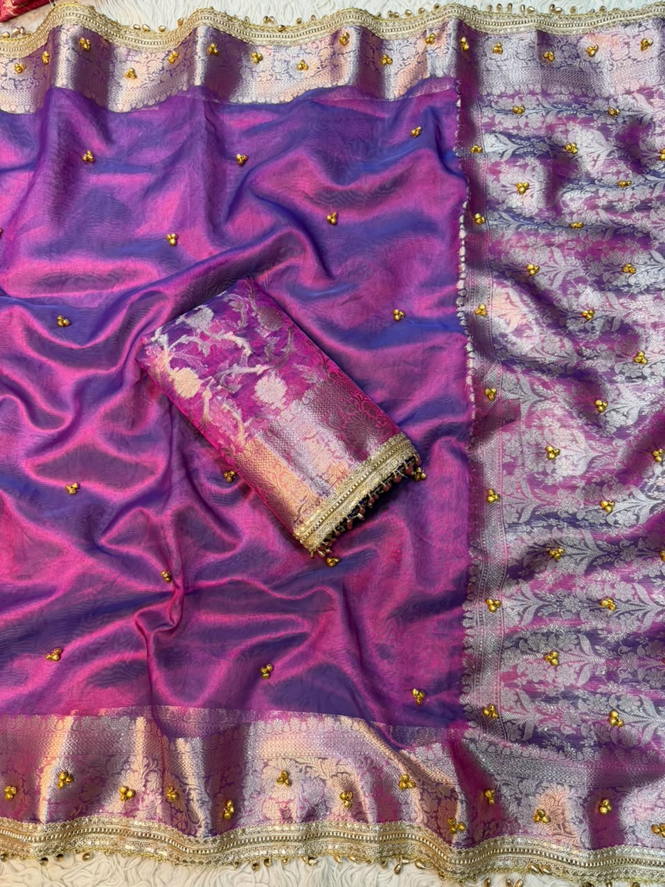 Premium Banarasi Tissue Zari Weaving Saree with Ghungroo Handwork Border
