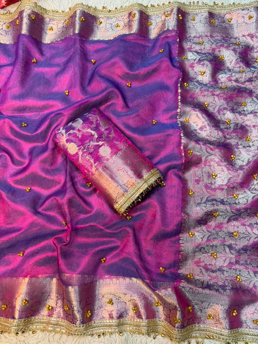Premium Banarasi Tissue Zari Weaving Saree with Ghungroo Handwork Border