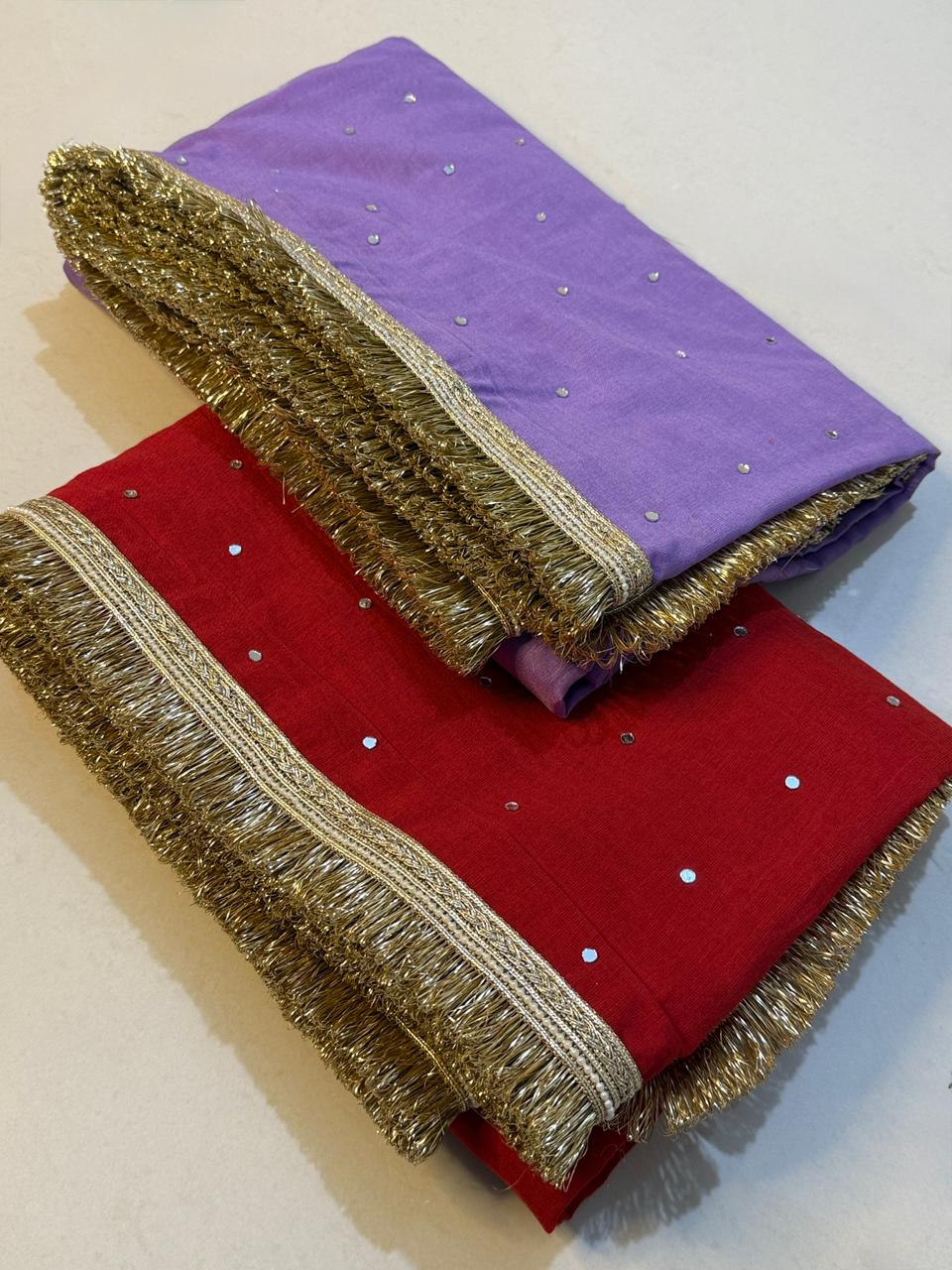 Designer Katan Cotton Banarasi Handwork Mirror and Lace Work Saree