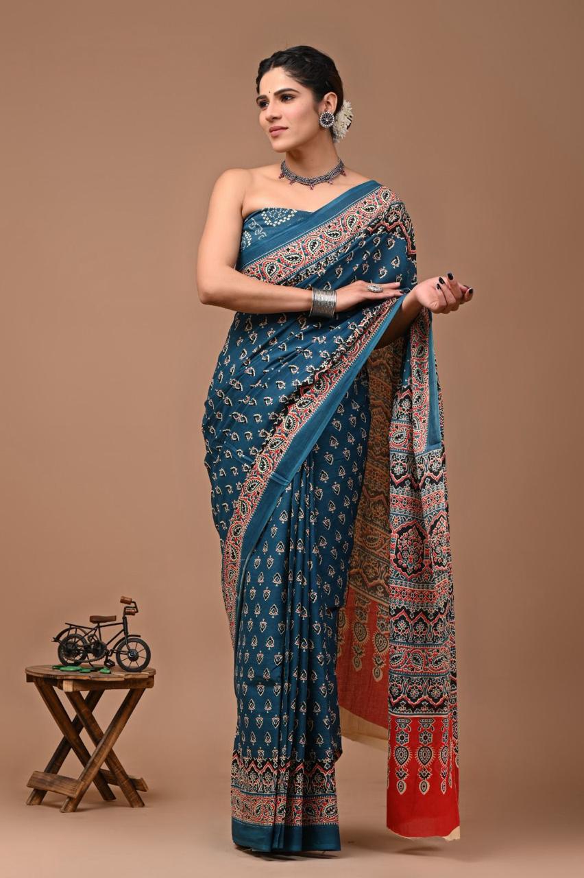 Pure Mulmul Cotton hand block Print Saree with Blouse